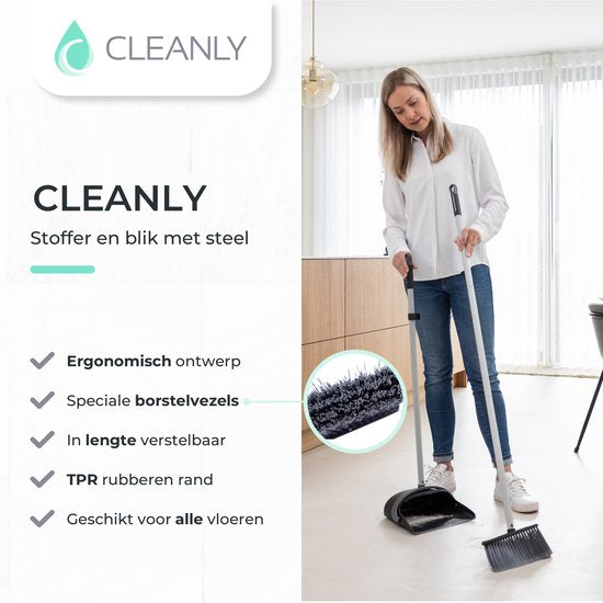 CLEANLY Kehrschaufel und Besen mit langem Stiel 134 cm - Besen für drinnen und draußen - Innovative Bürstenfasern - Schwarz, Grau
