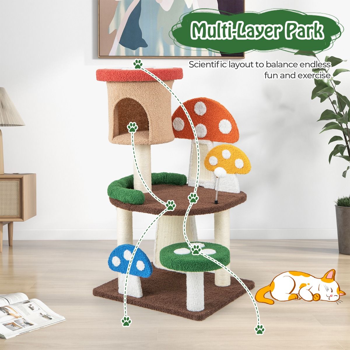 Coast Mehrschichtiger Katzenkratzbaum - Pilzdesign - Interaktiver Spielball - 59 x 48 x 102 cm
