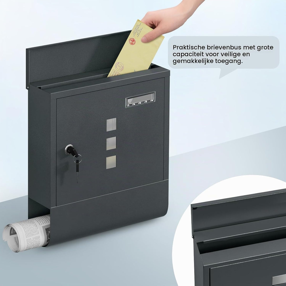 Woltu Briefkasten BK006an mit Zeitungsfach – 33,5 x 12 x 10 cm – Anthrazit