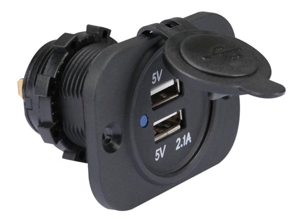 USB-Ladegerät – Einbau – Doppelanschluss – 12–24 V – spritzwassergeschützt – Kurzschlussschutz – Schwarz