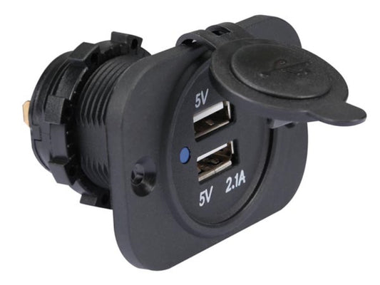 USB-Ladegerät – Einbau – Doppelanschluss – 12–24 V – spritzwassergeschützt – Kurzschlussschutz – Schwarz