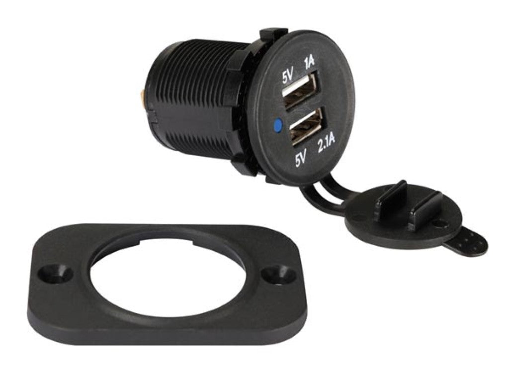 USB-Ladegerät – Einbau – Doppelanschluss – 12–24 V – spritzwassergeschützt – Kurzschlussschutz – Schwarz