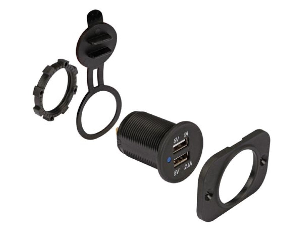 USB-Ladegerät – Einbau – Doppelanschluss – 12–24 V – spritzwassergeschützt – Kurzschlussschutz – Schwarz