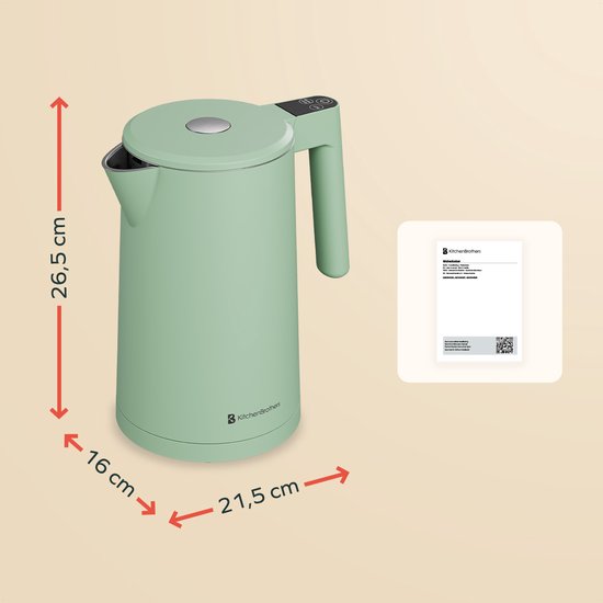KitchenBrothers Wasserkocher - 1.7L - Mit Temperaturkontrolle - Elektrisch - Warmhaltefunktion - Display - Doppelwandig - Cool-touch - 2200W - Pastellgrün