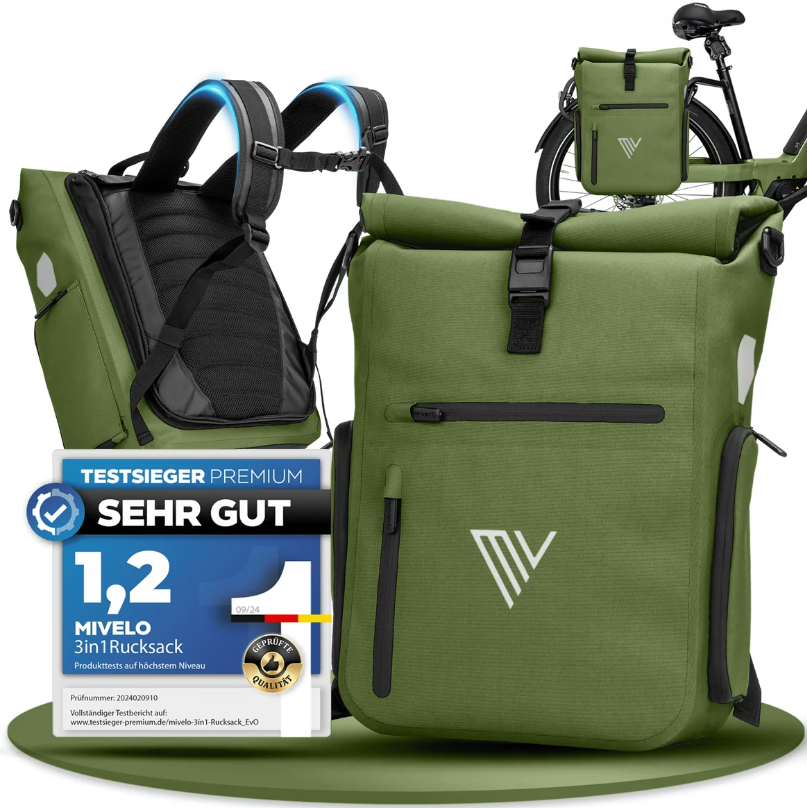 MiVelo EVO Fahrradtasche/Rucksack – 25 l – 100 % wasserdicht – 3-in-1 – Laptopfach – 60 x 30 x 15 cm