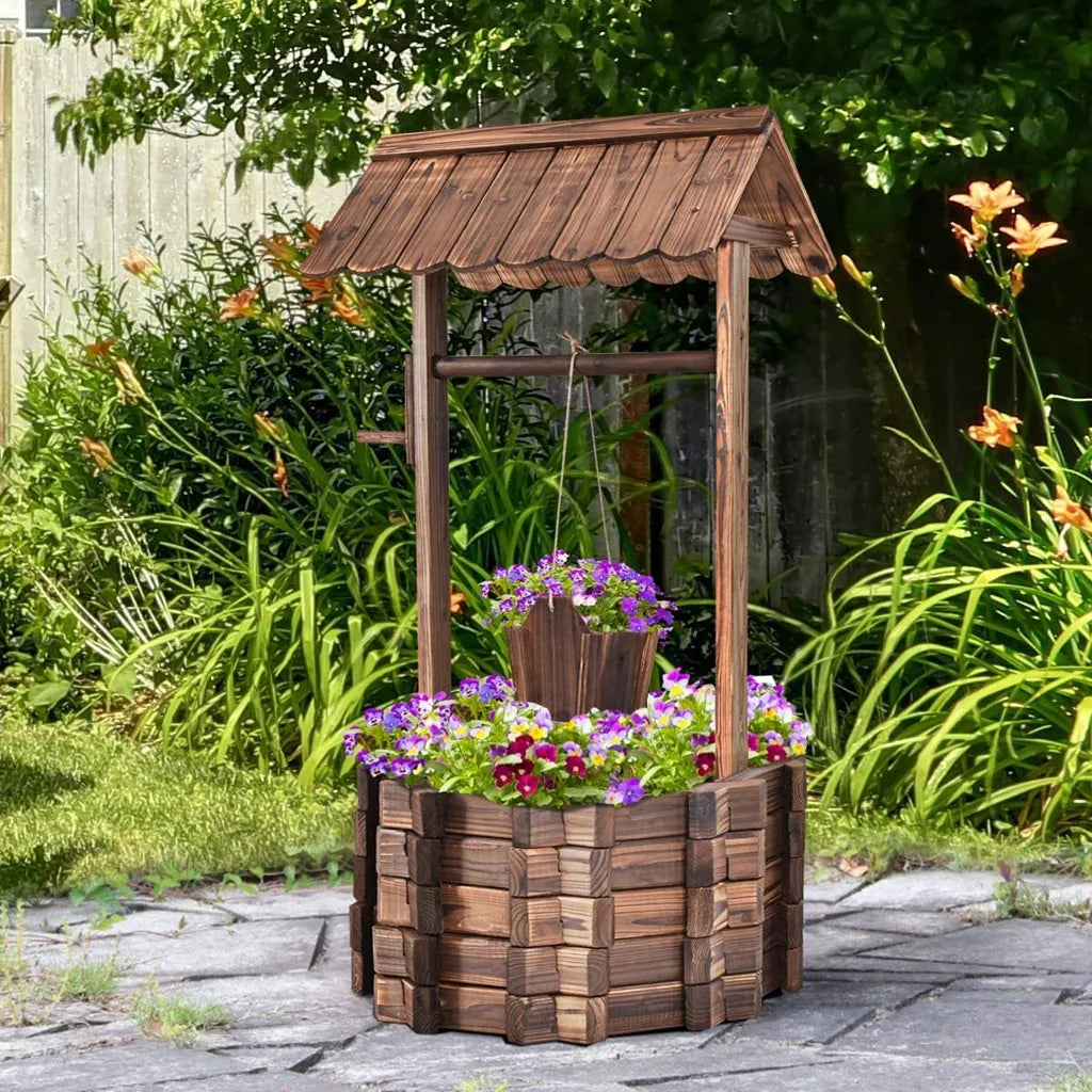 Coast Gartenbrunnen - Mit Holzbrunnen, Eimer und Blumentopf mit Dach - Rustikales Design - 43 x 39 x 72 cm - Braun