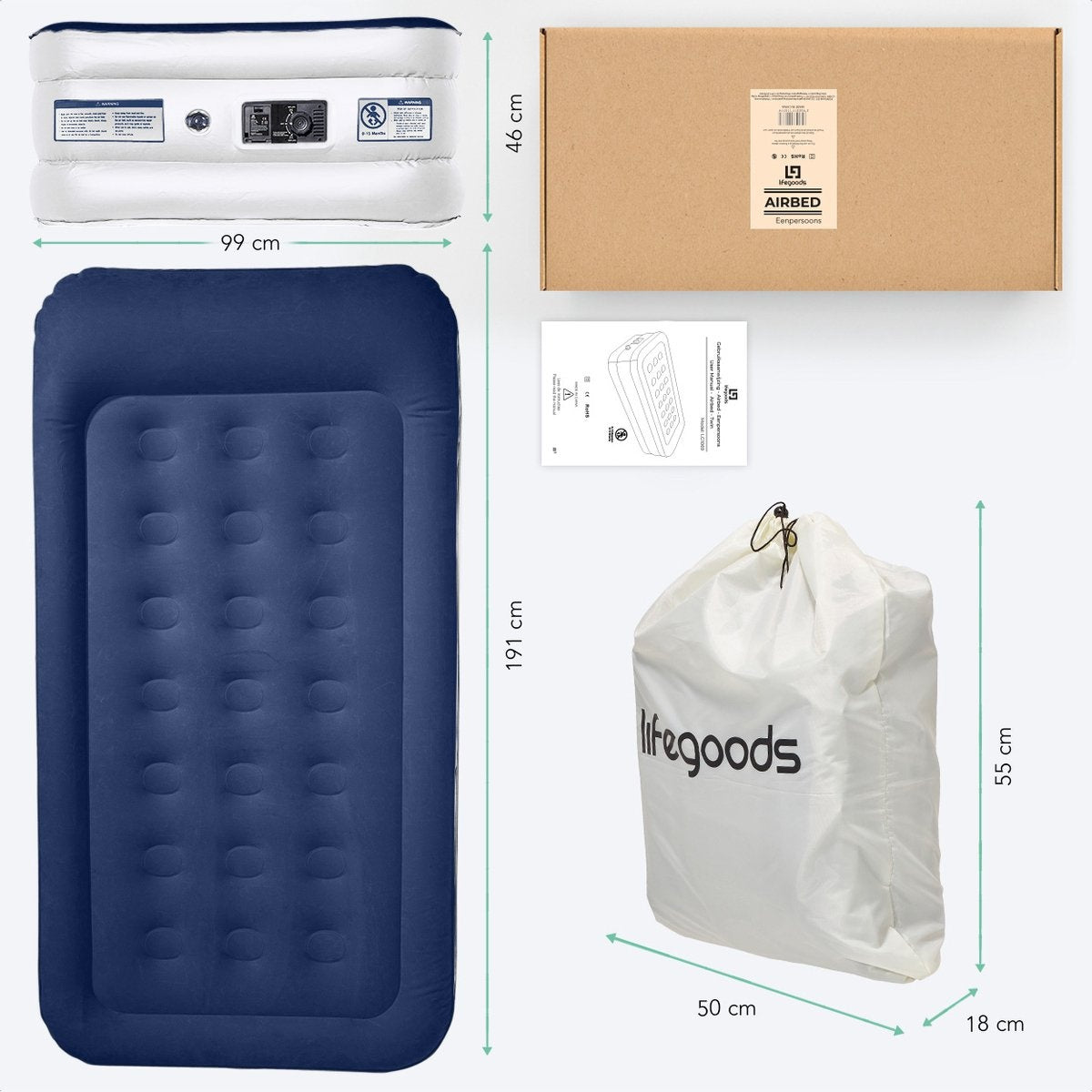 LifeGoods Luftmatratze - 1 Person - mit integrierter Pumpe - inkl. Tragetasche und Reparaturset - Weiß/Blau
