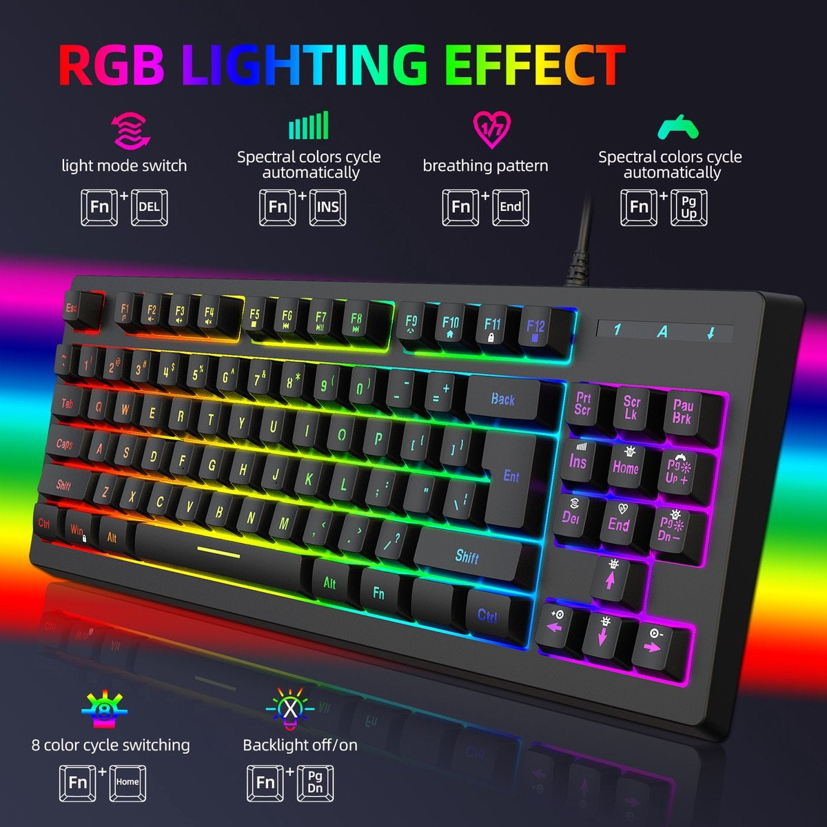 Fuegobird V100 Wired Gaming Keyboards - Membrantastatur - RGB Beleuchtung - TKL - 87 Tasten - Schwarz