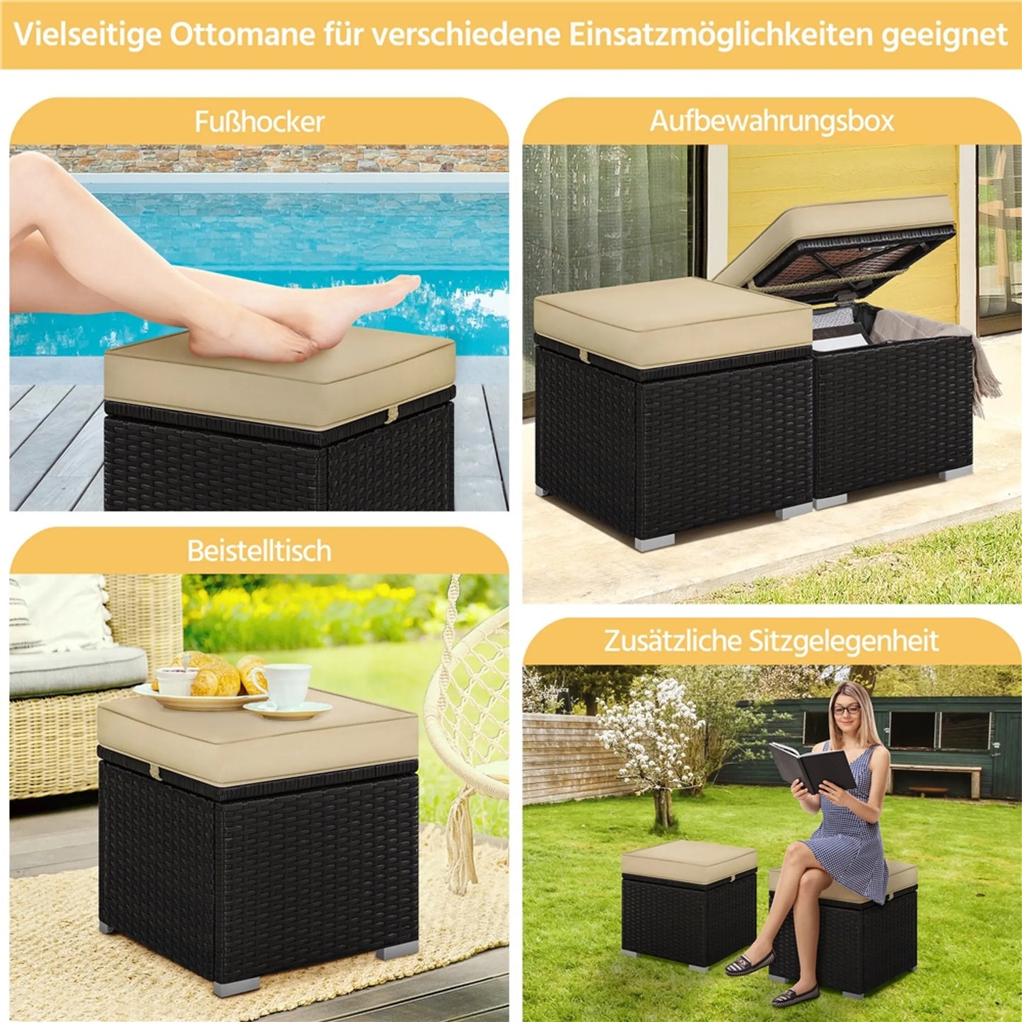 Yaheetech Hocker mit Lagerung 2 Stück - Features versteckten Fach und wasserabweisende Rattan Wicker und pulverbeschichtetem Metallrahmen - für Garten Balkon und Wohnzimmer - Brown Khaki Polyethylen und Metall - 40 x 40 x 42,5 cm