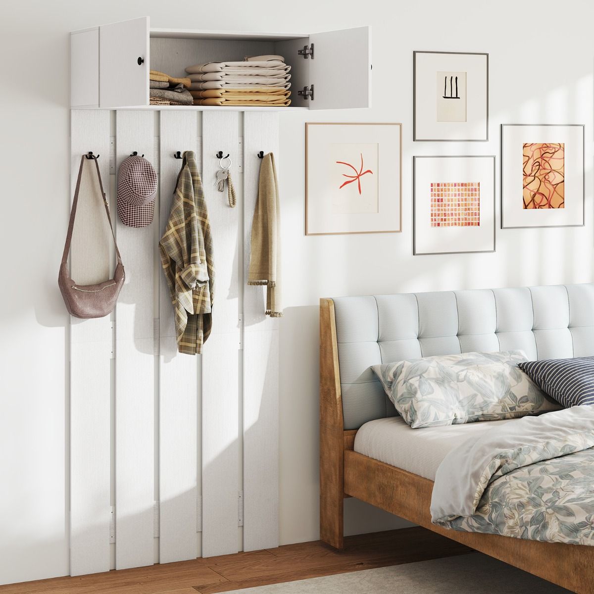 coast Wandgarderobe - 5 Doppelhaken & 2-türiger Schrank - Wandmontage - Weiß - 90x33x210 cm