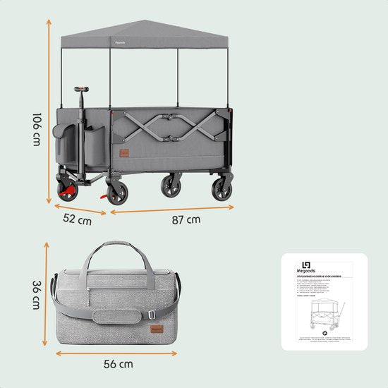 LifeGoods Wagon - Faltbar - Kindertransport - Mit Dach - 80KG Tragfähigkeit - Strandwagen - Schwenkbare Räder - Grau