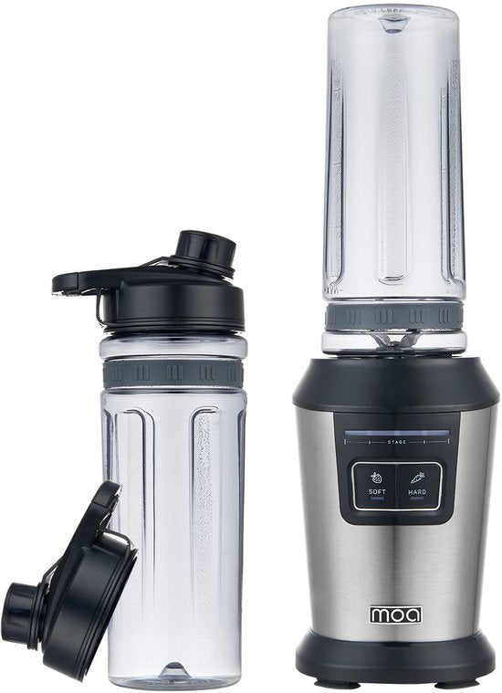 MOA Blender To Go - Smoothie-Maker mit 2 600ml Tritan-Bechern - Mini-Mixer - 800W - Edelstahl - Silber
