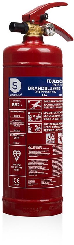 Smartwares FEX‑15120 Pulverfeuerlöscher – 2 kg – Brandklasse ABC – Inklusive Befestigungshalterung – Geeignet für zu Hause und im Auto