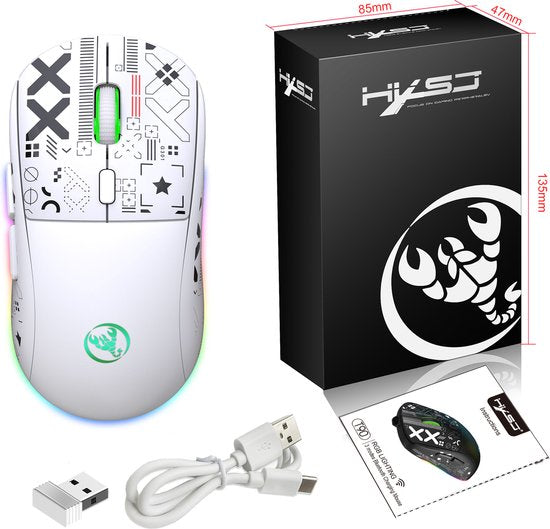 HXSJ T90 2.4G Silent Wireless Gaming Mouse - Bluetooth - Computermäuse - Ultraleicht - RGB-Beleuchtung - Weiß