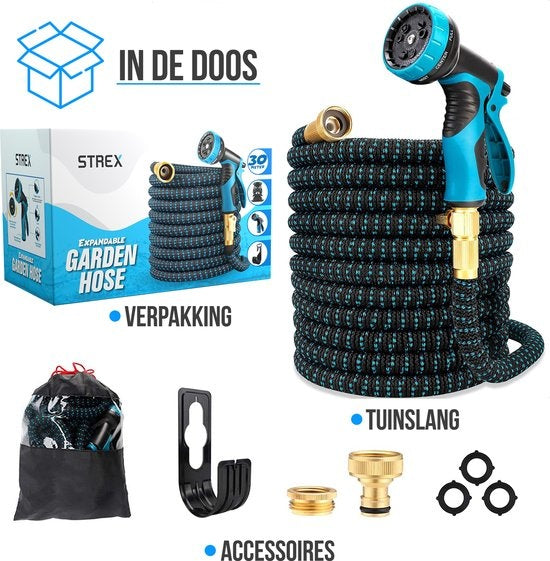 Strex - Gartenschlauch - 30m - mit Sprinklerkopf - inkl. Kupplungen, Aufhängehaken & Aufbewahrungstasche - Schwarz/Blau