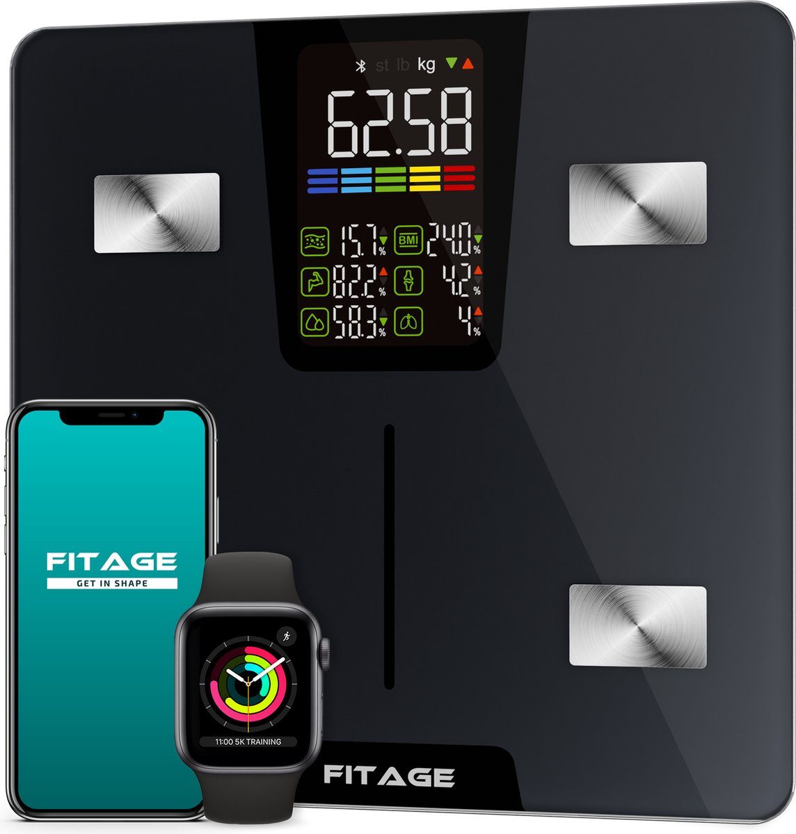 FITAGE LED-Waage Personenwaage Digital - Intelligente Waage mit 17-facher Körperanalyse - Waage - FITAGE App