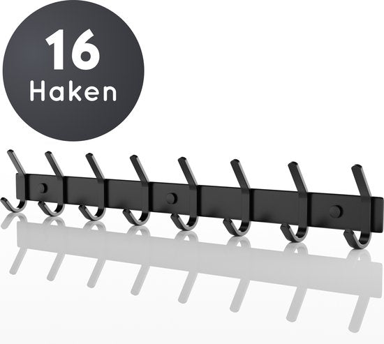 Volcan Wandgarderobe - 16 Haken - Edelstahl - Wandgarderobe zum Aufhängen - Industriell - 3M-Band - Schwarz