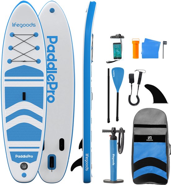 LifeGoods PaddlePro SUP-Board 320 x 81 x 15 cm – Aufblasbar – Komplettset – 150 kg – Weiß/Himmelblau