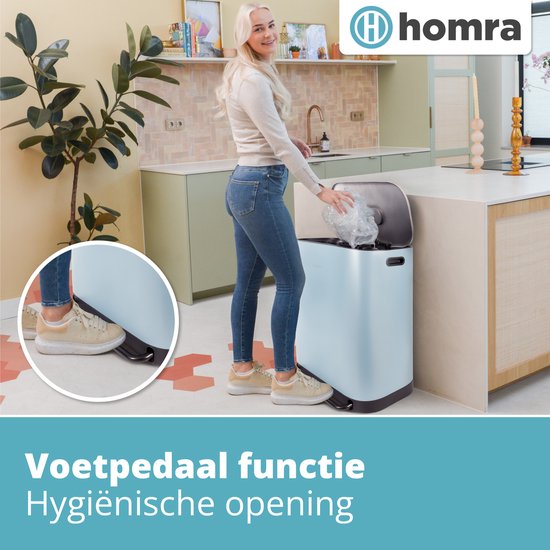 Homra Rockx Mülleimer 60 Liter - Duo-Treteimer 2×30 l mit Geruchsfilter – Edelstahl-Mülltrennbehälter mit 2 Fächern – Recycling-Mülleimer – Küchenmülleimer – Mülleimer zur Mülltrennung – Doppel-Mülleimer, blau