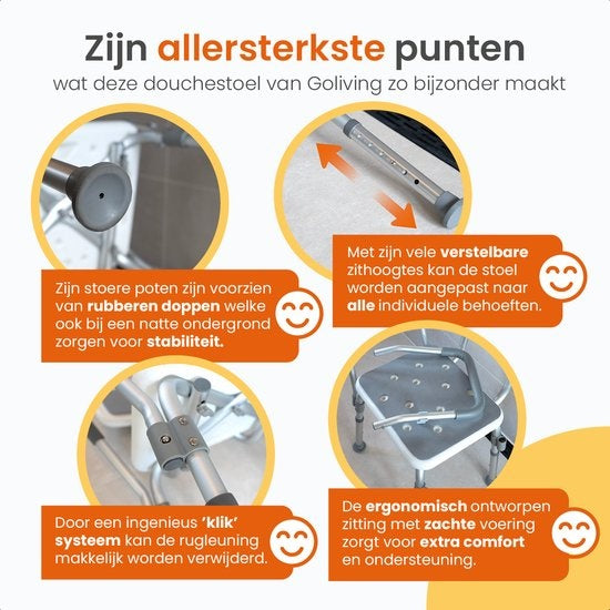 Goliving Verstellbarer Duschstuhl - Abnehmbare Arm- und Rückenlehne - Duschhocker mit Duschkopfhalterung - Anti-Rutsch - 3,2 kg - Höhe 70-84 cm - Weiß
