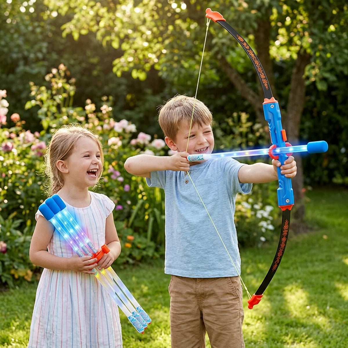 Großer Leuchtbogen mit Glasfaser-Leuchtpfeilen, 60 cm – inklusive Zielscheibe – für Kinder von 5 bis 12 Jahren