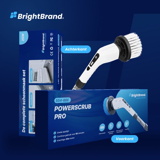 Brightbrand PowerScrub Pro - Elektrische Reinigungsbürste - Schrubber - Für Bad und Küche - Reiniger - Schrubber mit Griff - Abzieher - Polierer - Polierer mit 10 Aufsätzen