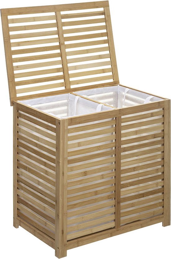 5Five Wäschekorb aus Bambusholz – Mit Wäschebeutel – 65 Liter – 40 x 38 x 58 cm – hellbraun – mit Deckel