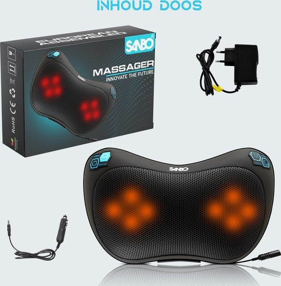 Sanbo Wireless Massage Cushion WL20 - Schwarz - Massagegeräte - Wärmefunktion mit Infrarot - Für Haus und Auto - Shiatsu - Fitness