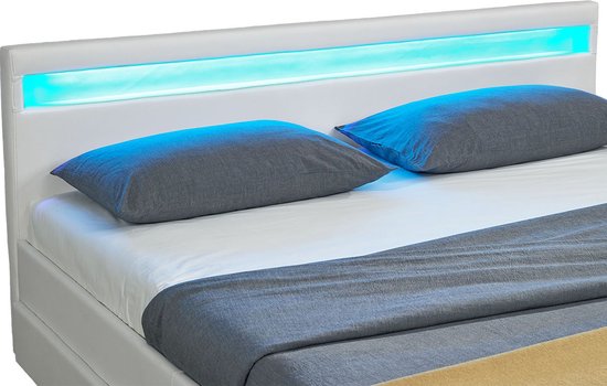 Polsterbett Lyon - 140 x 200 cm - Weiß - LED Beleuchtung & Bettkästen