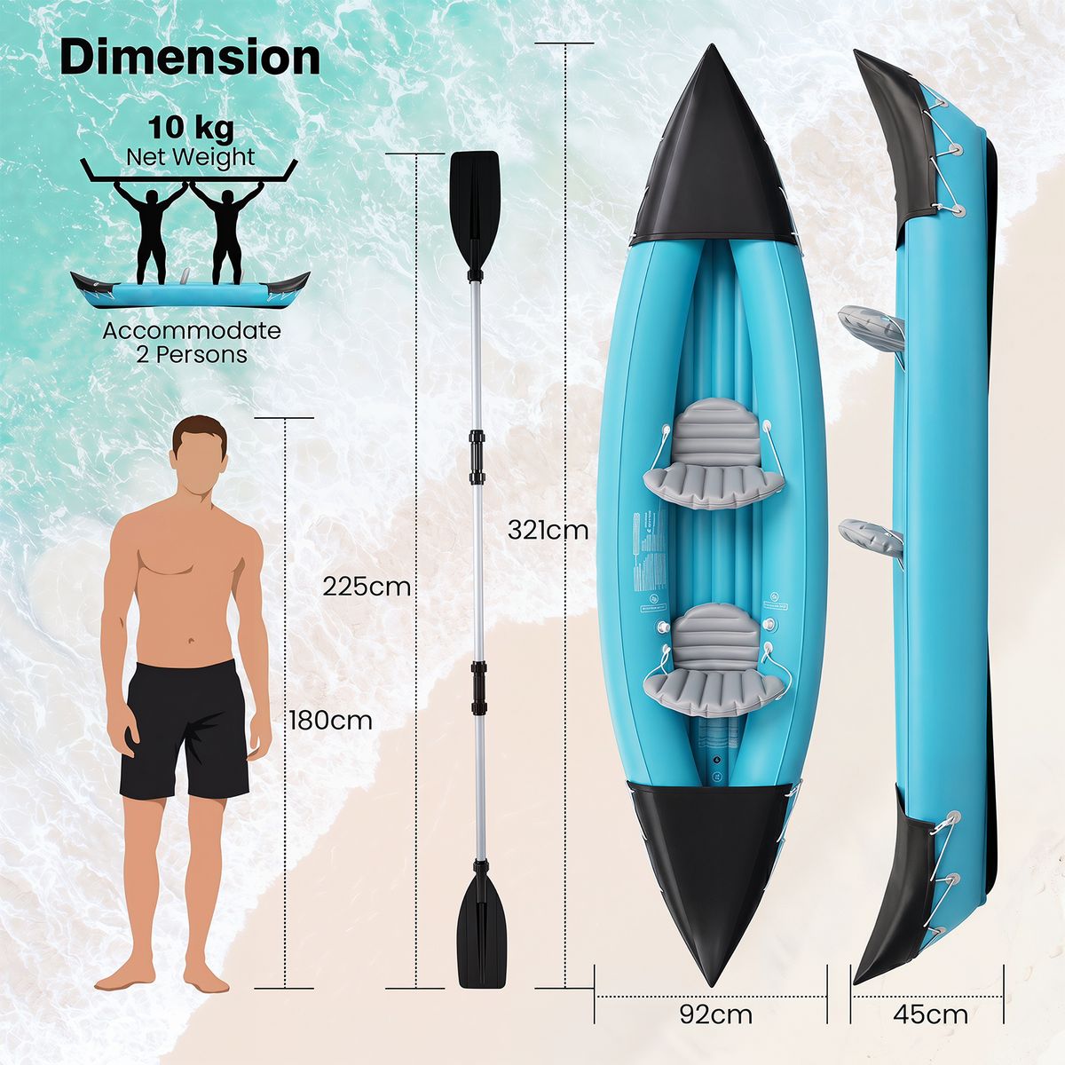 Coast Aufblasbares Kajak-Set für 2 Personen – mit Paddeln und Fußpumpe – Blau – 321 x 92 x 45 cm