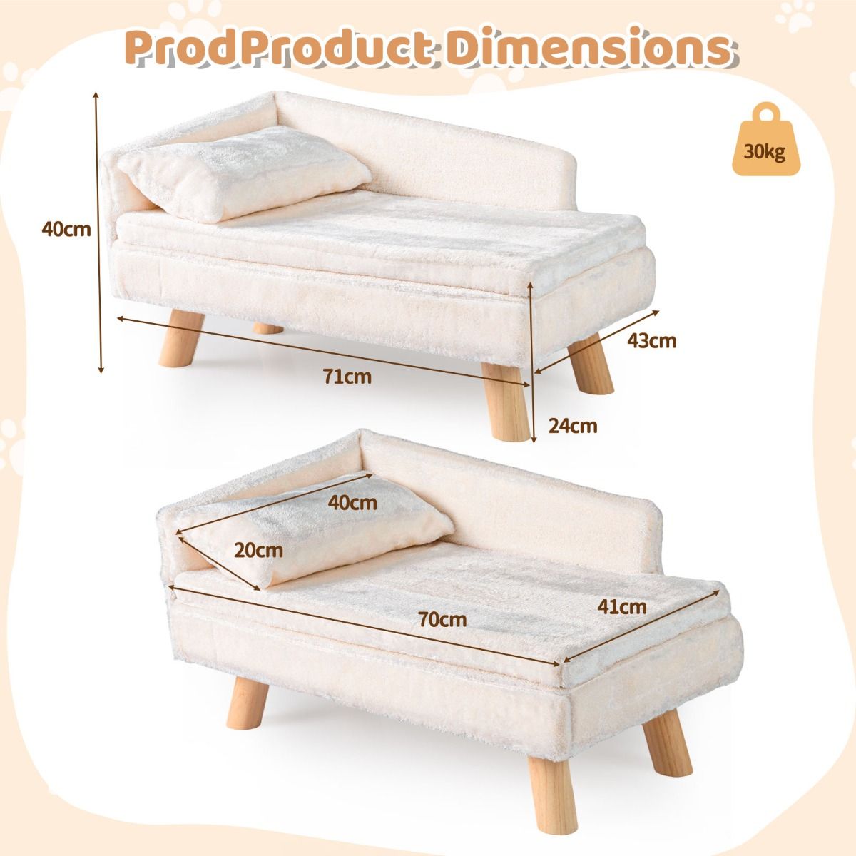 Coast Erhöhtes Haustierbett – halbrunde Rückenlehne – abnehmbares Kissen – beige – 71 x 43 x 40 cm