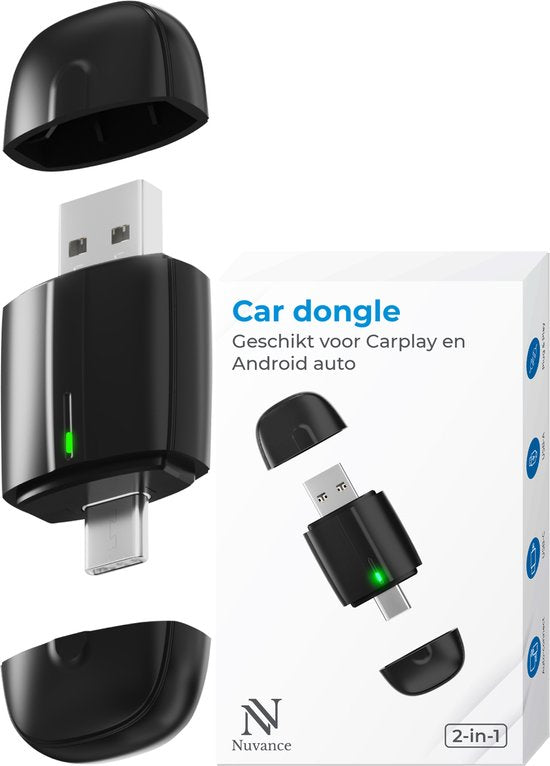 Nuvance CarPlay-Dongle – Kompatibel mit Android Auto und CarPlay – 2-in-1 – Bluetooth-Dongle – CarPlay kabellos – USB und USB-C