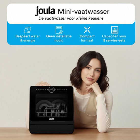 Joula Mini-Geschirrspüler mit Wassertank - 8 Waschprogramme - 5 Fächer - Kleiner schmaler freistehender Geschirrspüler - Camping - Schwarz