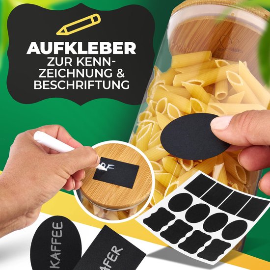 GREEN BEE`S 6er Set Vorratsglas groß - 2x1500ml & 4x650ml - Passgenau für Schublade & Apothekerschrank - Nachhaltige Vorratsgläser mit Deckel luftdicht - Für Mehl, Reis, Nudeln, Müsli und Bohnen