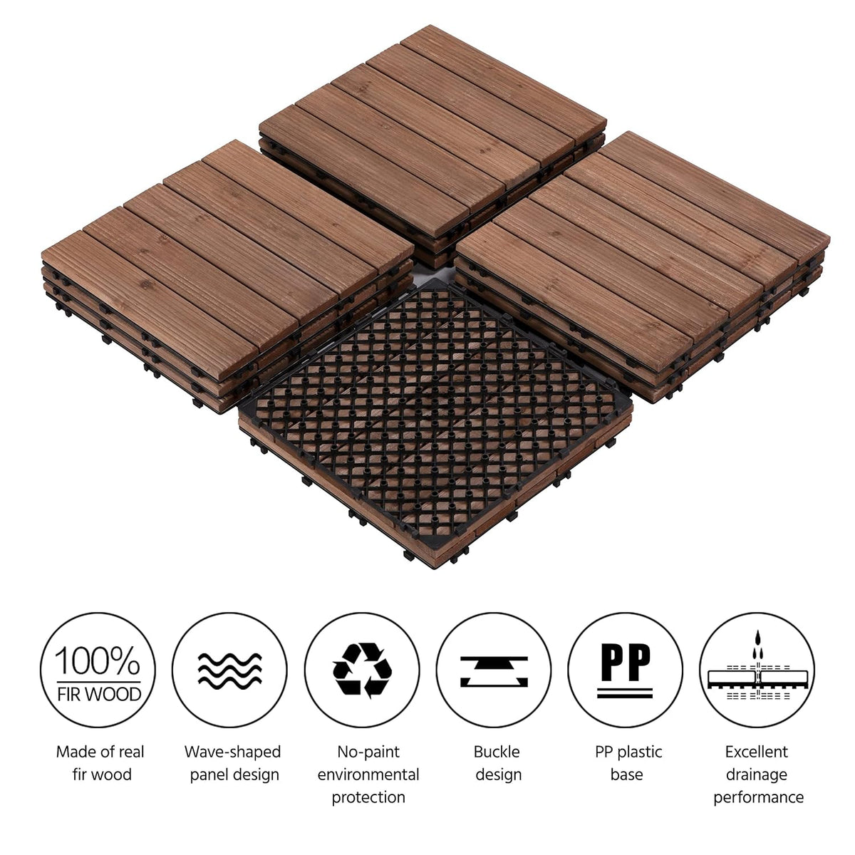 Yaheetech Holz-Terrassenplatten 30 x 30 cm – Stimmungsvolles Braun – Fichtenholz und Polypropylen