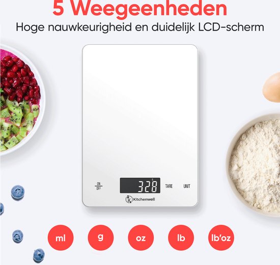 Kitchenwell Digitale Präzisionsküchenwaage - Küchenwaage - 1gr - 15kg - Tara-Funktion - USB wiederaufladbar - Weiß