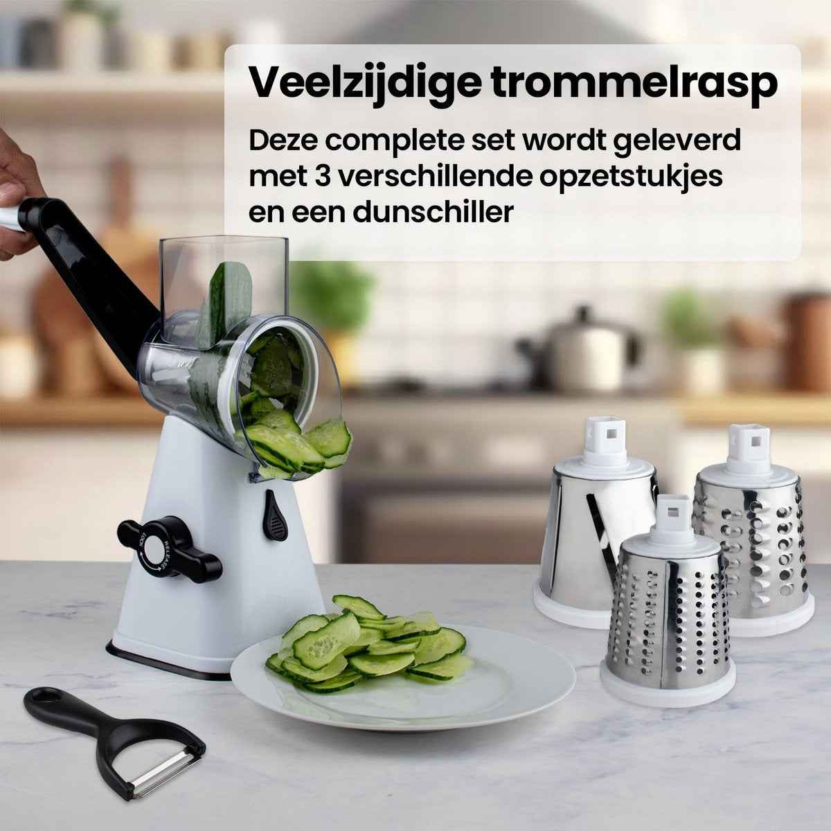 Nimma Trommelreibe - Inklusive 3 Aufsätzen und Spiralschneider - geeignet als Käsereibe und Reibe - Weiß