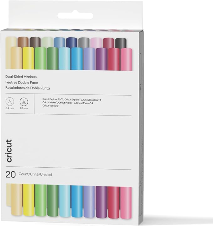 Cricut Doppelseitige Marker, 20-teilig – 0,4 mm Feinspitze & 1 mm Marker – Mehrfarbig – Für Explore, Maker & Venture