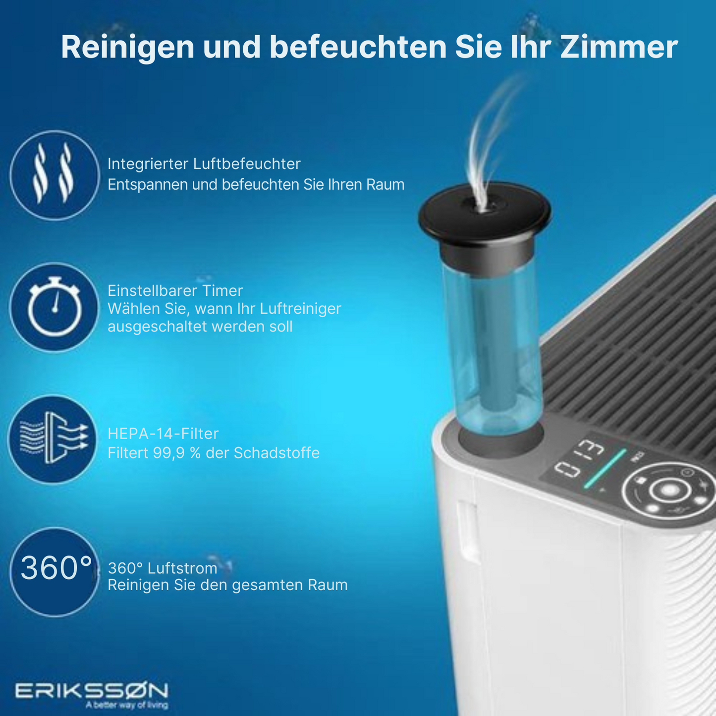 Erikssøn - 2-in-1 Luftreiniger - mit Luftbefeuchter - 330 m3/h - Hilft gegen Staub/Heuschnupfen & Allergien - Mit Hepa-Filter - Weiß