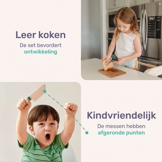 Qwali Kindermesserset aus Holz - sicher - inkl. Schneidebrett - Kinder - Besteck - Messer Kind - Küche - Spielzeug