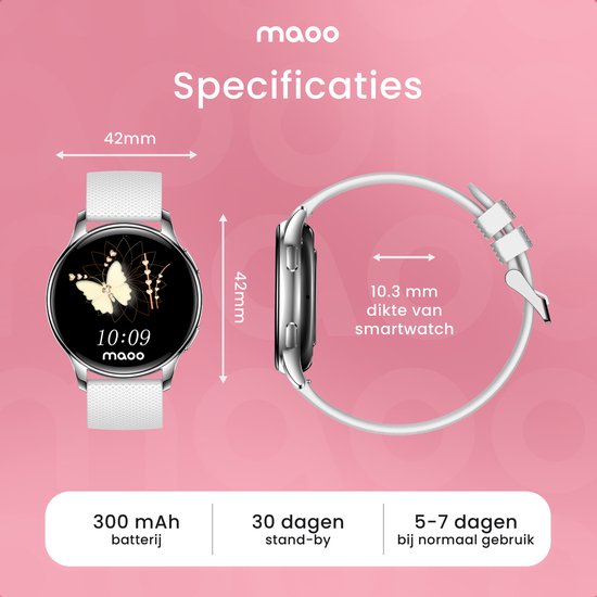 Maoo Ventura AMOLED Smartwatch Damen - Edelstahl und 3x Silikonband - Schrittzähler - Herzfrequenzmesser - Schlafüberwachung - Multisport - Geeignet für Android und iOS - Silber und Weiß