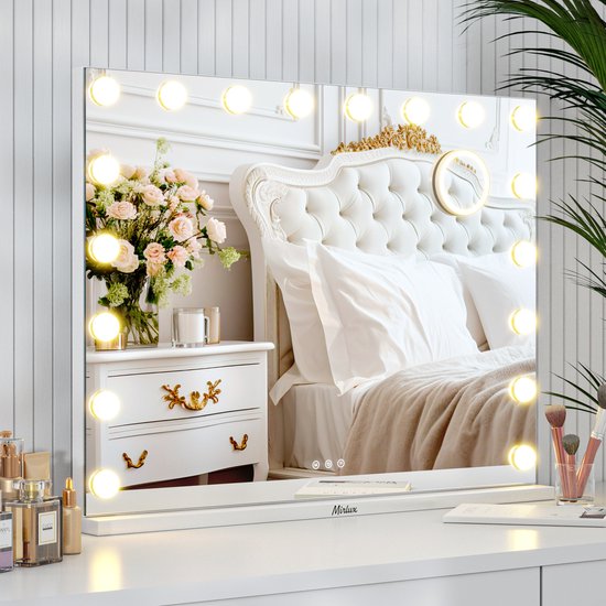 Mirlux Large Hollywood Mirror 80x60CM - LED-Beleuchtung - USB & USB-C Ladeanschlüsse - Make Up - Weiß