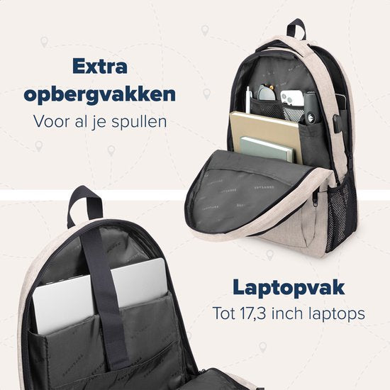 TRVLMORE Rucksack - 36L - 17.3 Zoll - Laptop-Rucksack mit USB - Schultasche - Herren und Damen - Tasche Champagner