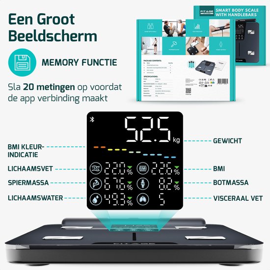 FITAGE Griffwaage Personenwaage Digital - Smart Scale - Mit 17-facher Körperanalyse - FITAGE App