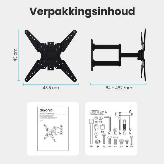 Auronic TV-Halterung – 26 bis 55 Zoll – TV-Wandhalterung – dreh- und neigbar – bis zu 40 kg – VESA 400 mm x 400 mm – u. a. für 43" und 55" – Schwarz