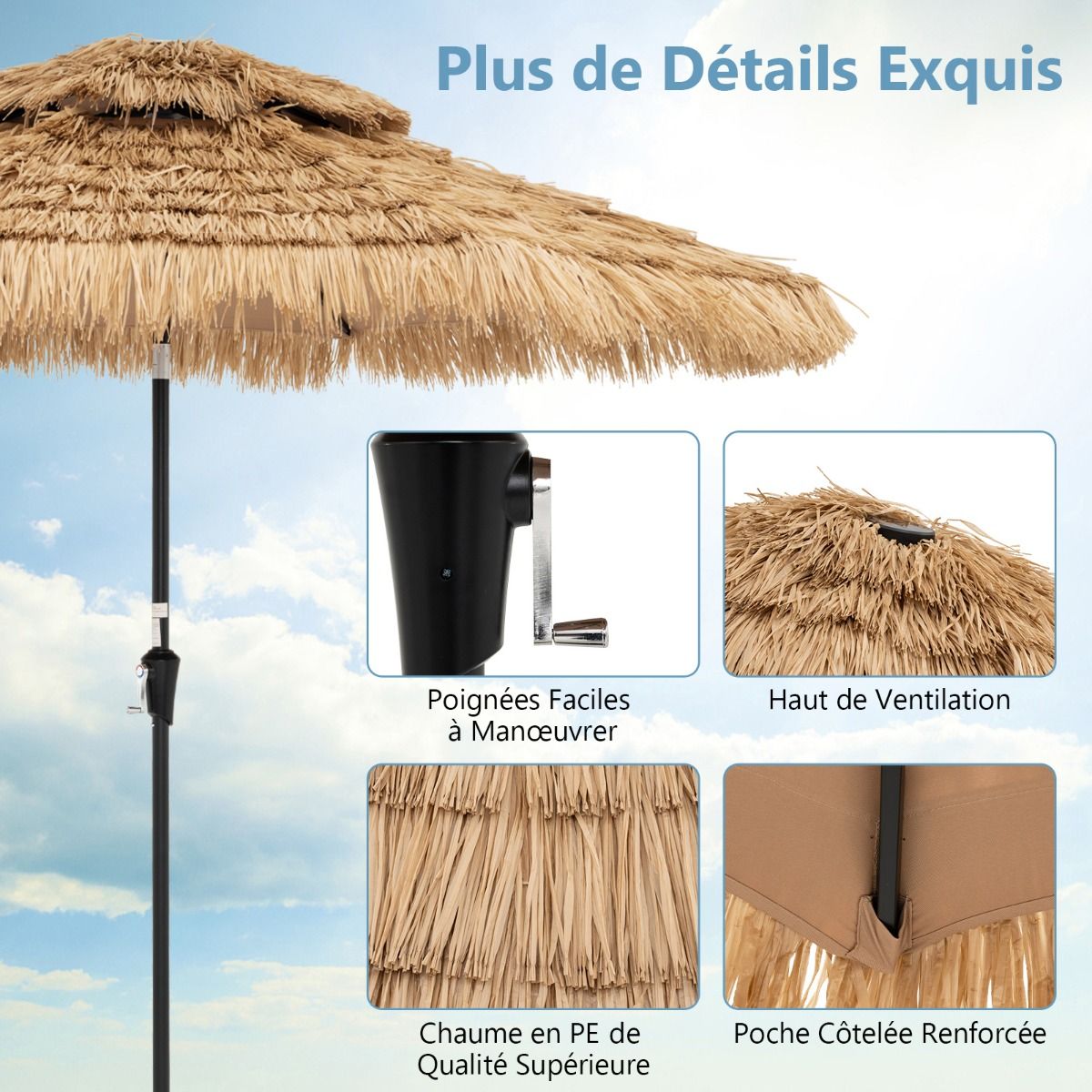 Coast Wicker Sonnenschirm - 32 LED Lichter - neigbar - Hawaii Style - 270 x 270 x 256 cm