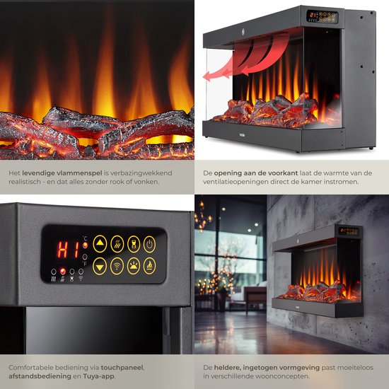 tectake® Wandkamin - Elektrokamin - Atmosphärischer Kamin - 900W & 1800W - Steuerung per Fernbedienung oder App - mit Thermostat - Ofen - mit Heizung - Kamine - mit Holz- und Glüheffekten - 3D Flammen - Timer - 9 Farboptionen