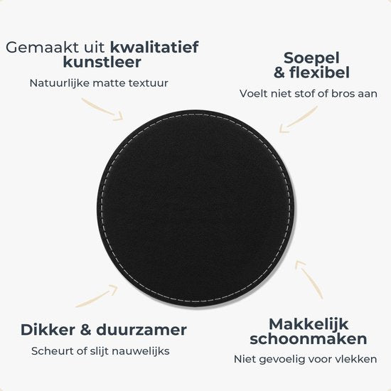 Castagnola Kunstleder-Untersetzer - Untersetzer für Gläser - Design-Untersetzer mit Halterung - Leder-Untersetzer-Set - Leder - 10er-Set - Schwarz mit Naht
