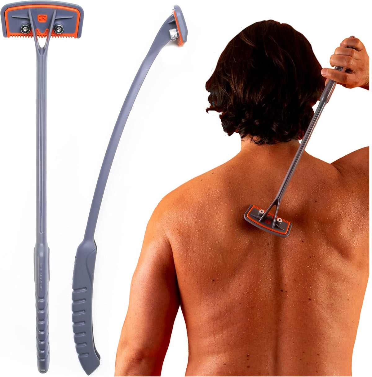 BRO SHAVER 2.2 Rückenrasierer für Männer - 43 cm, Edelstahl, 2 Rasiereinstellungen, geeignet für Universal-Doppelklingen, grau