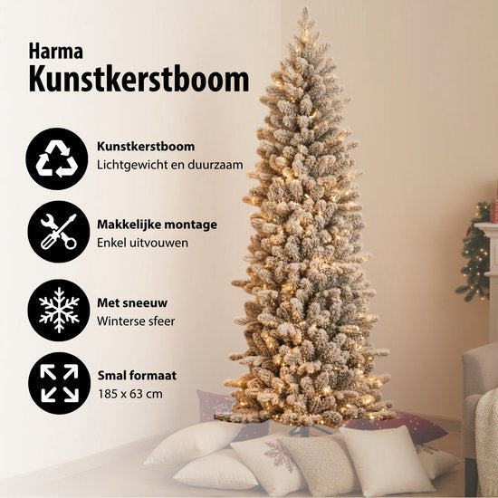Black Box Trees Harma Slim Weihnachtsbaum mit Schnee und Scharnierkonstruktion für schnellen Aufbau – Kunstbaum für kleine Räume – Weihnachtsdekoration für den Innenbereich – H 185 x Ø 63 cm – Grün, matt